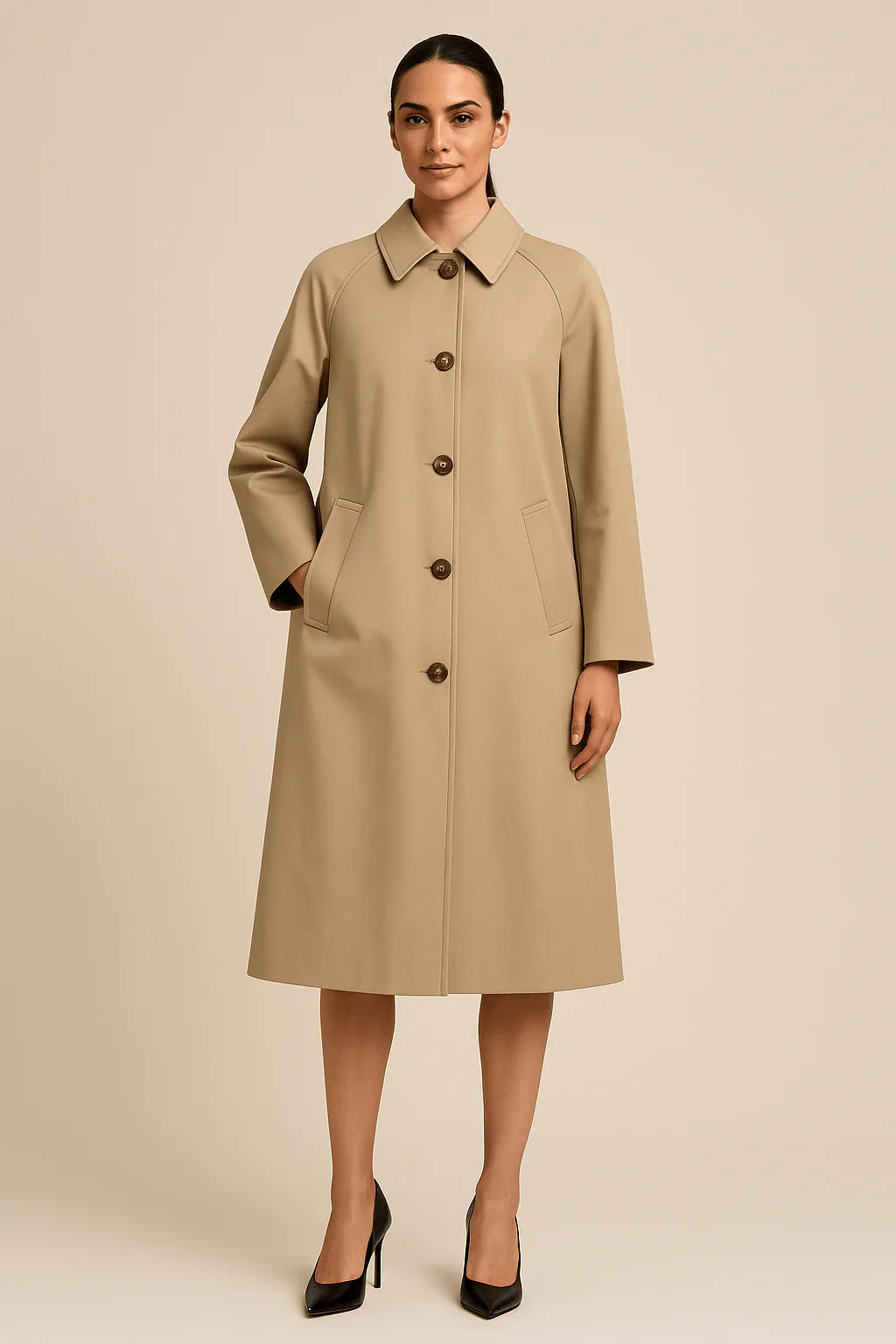 Carys – Women’s Long Trench Coat with Checked Inner Lining