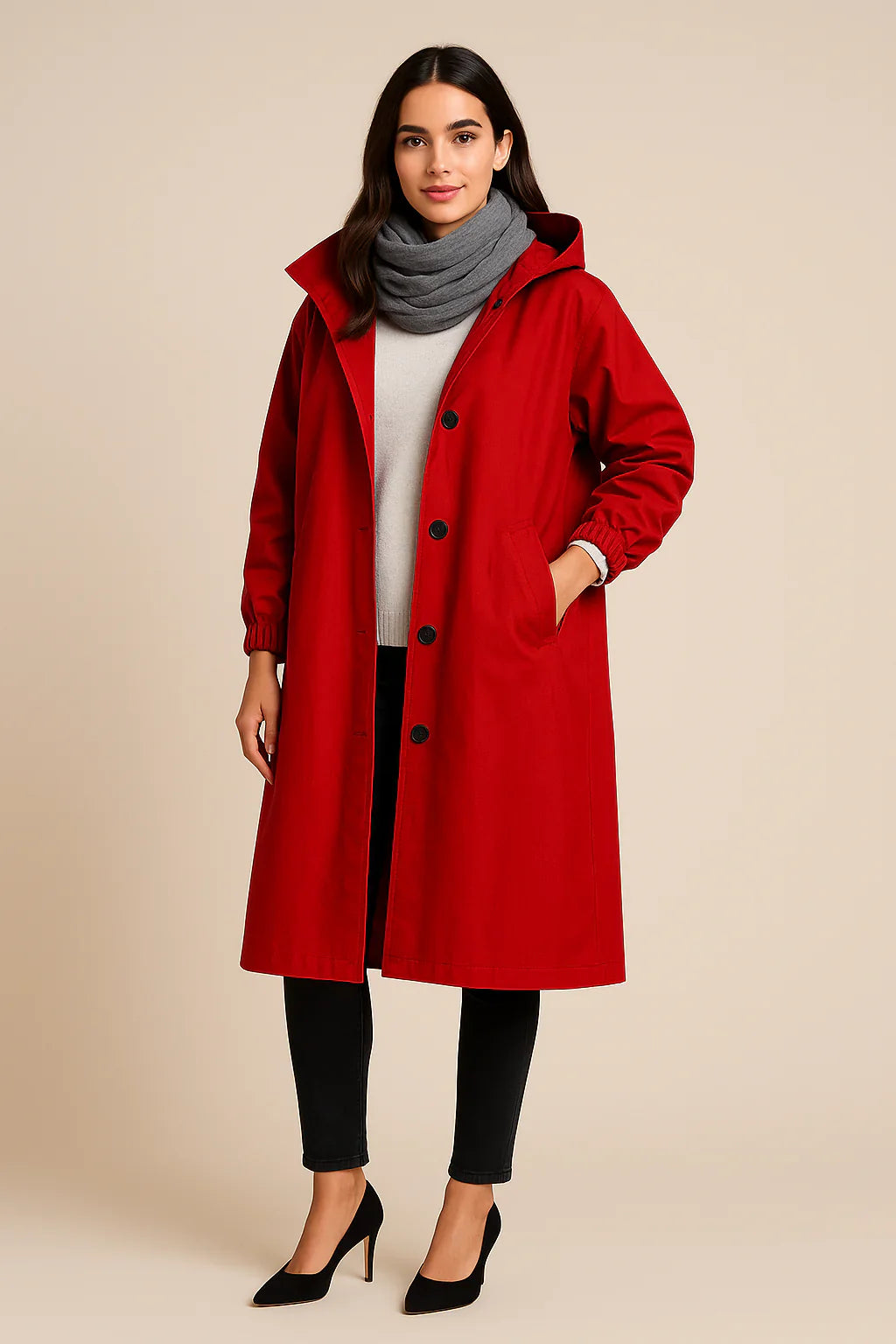 Ruby – Women’s Hooded Long Trench Coat with Pockets