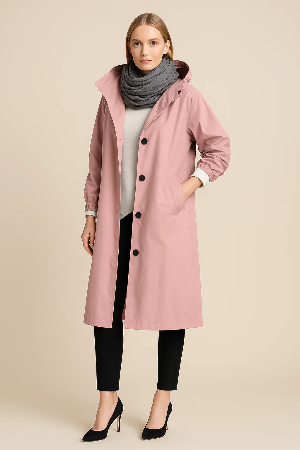 Ruby – Women’s Hooded Long Trench Coat with Pockets
