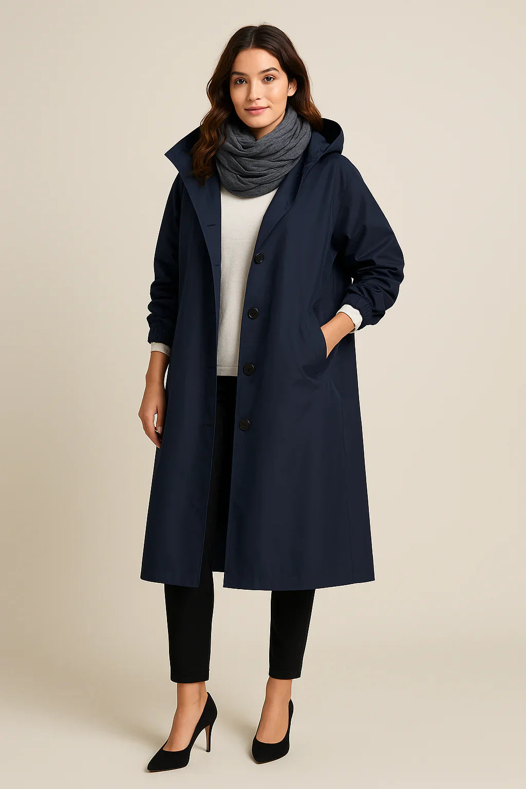 Ruby – Women’s Hooded Long Trench Coat with Pockets