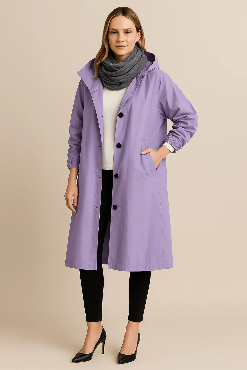 Ruby – Women’s Hooded Long Trench Coat with Pockets