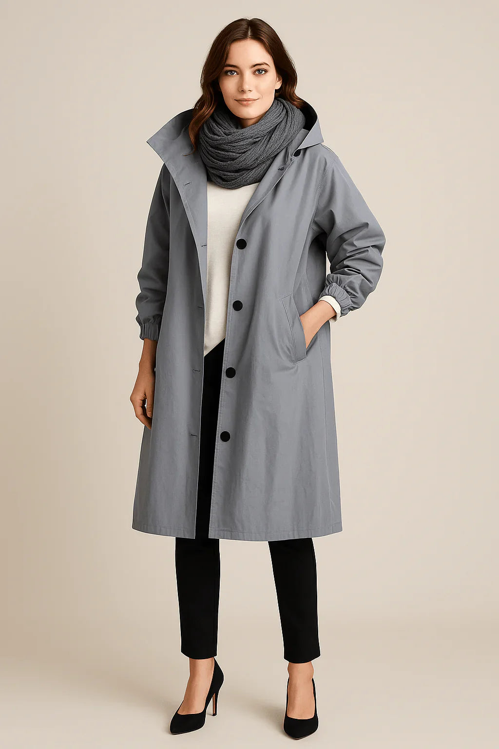 Ruby – Women’s Hooded Long Trench Coat with Pockets