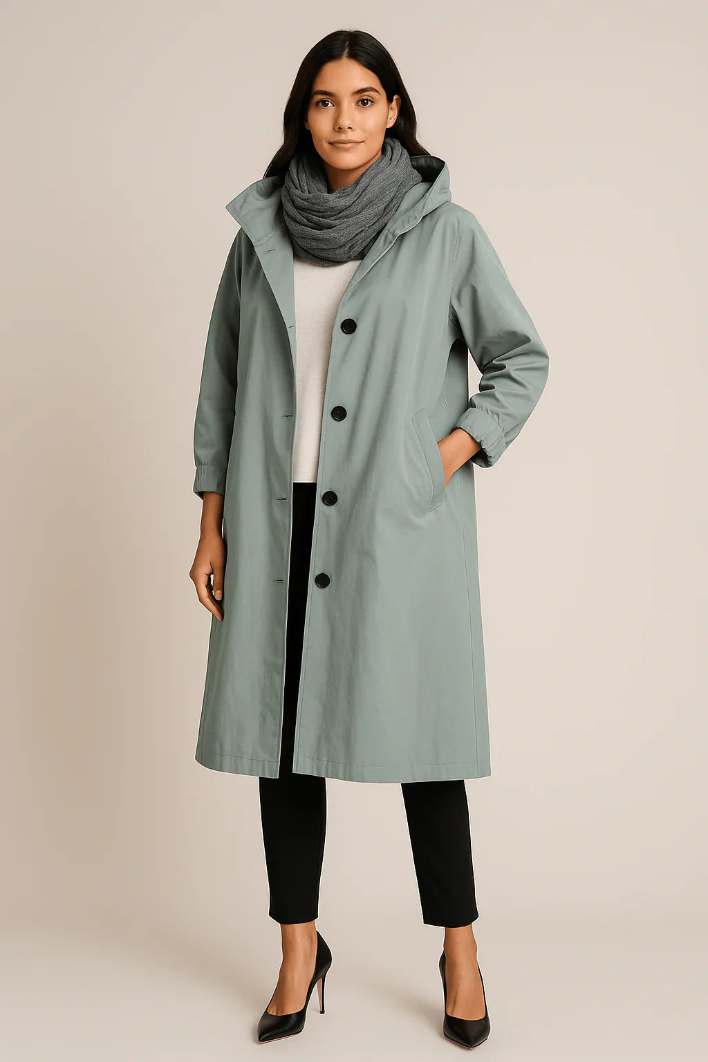 Ruby – Women’s Hooded Long Trench Coat with Pockets