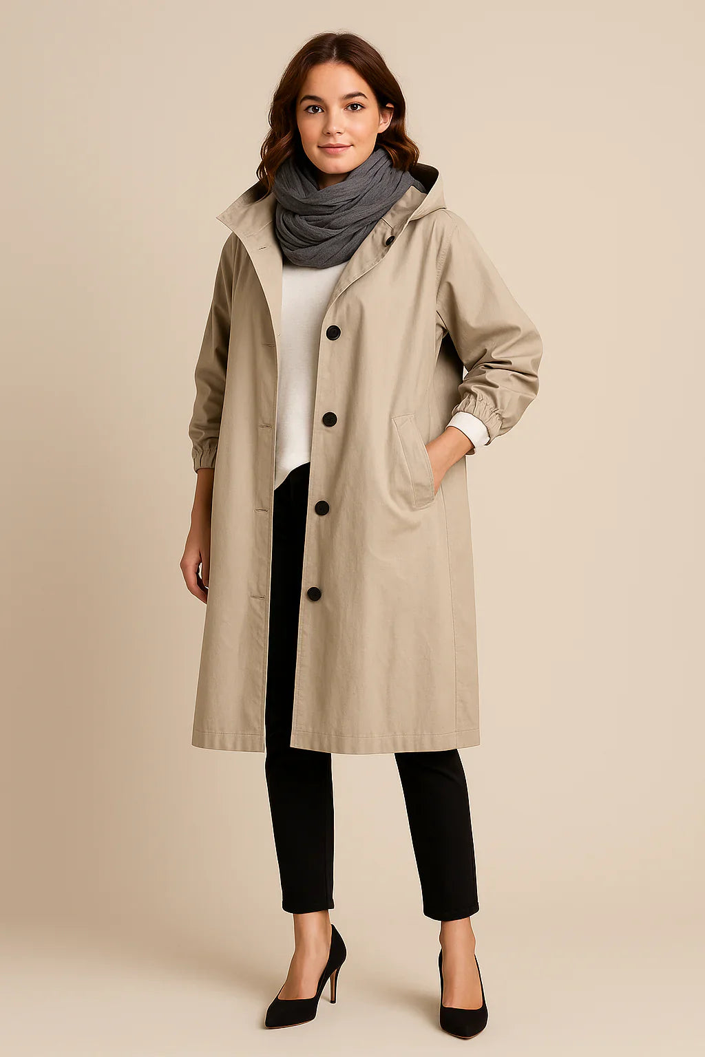 Ruby – Women’s Hooded Long Trench Coat with Pockets