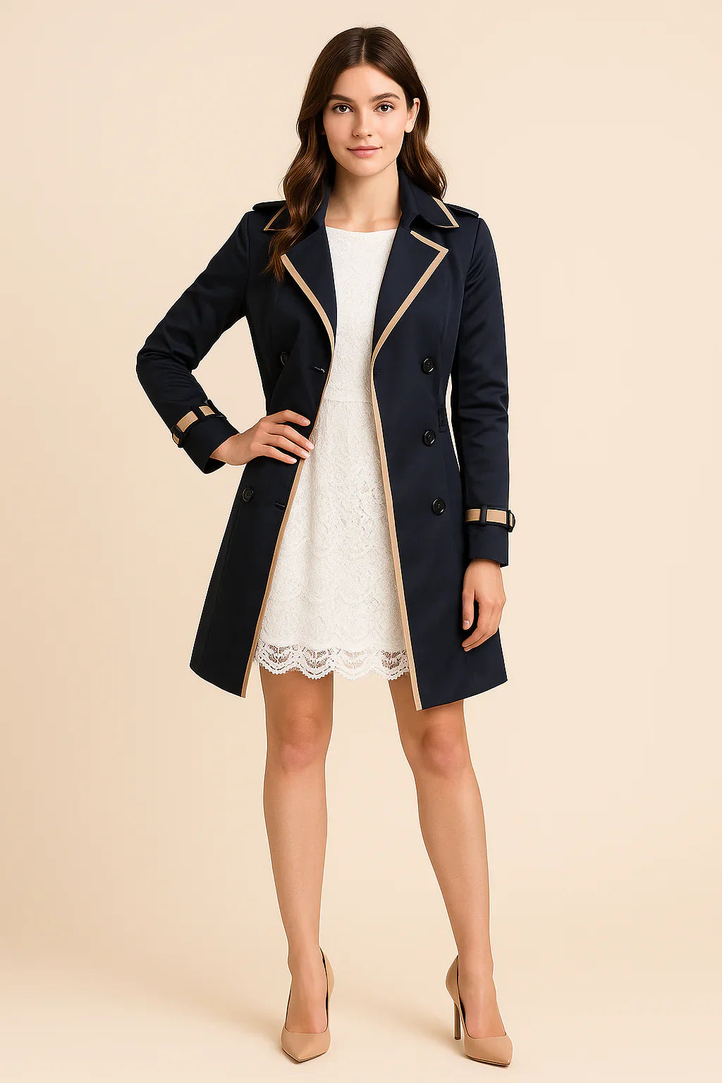 Maya – Women’s Double-Breasted Trench Coat with Contrast Trim