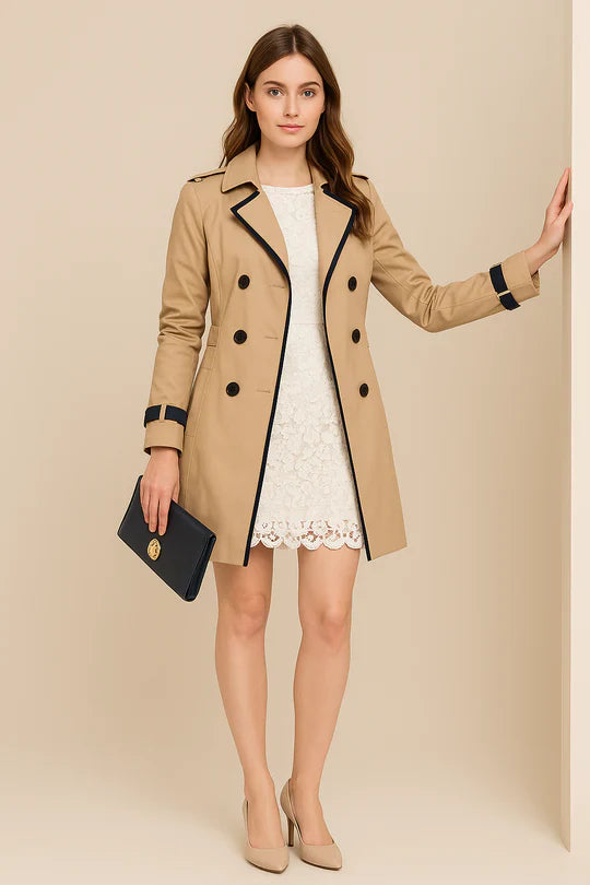 Maya – Women’s Double-Breasted Trench Coat with Contrast Trim