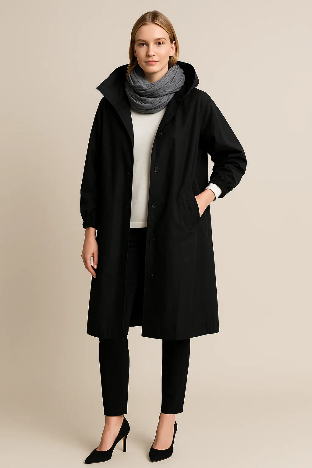 Ruby – Women’s Hooded Long Trench Coat with Pockets